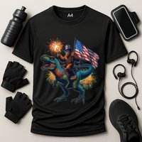 Bigfoot Sasquatch Riding Dinosaur T Rex Funny 4th Of July Performance Shirt