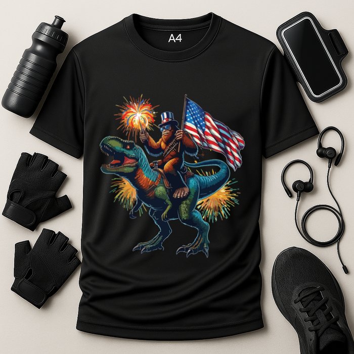 Bigfoot Sasquatch Riding Dinosaur T Rex Funny 4th Of July Performance Shirt
