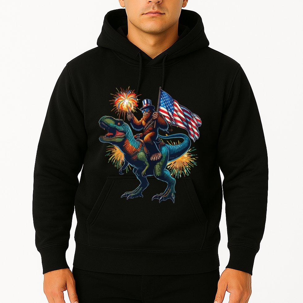 Bigfoot Sasquatch Riding Dinosaur T Rex Funny 4th Of July Hoodie