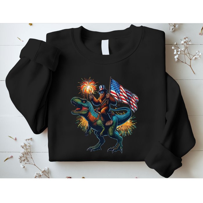 Bigfoot Sasquatch Riding Dinosaur T Rex Funny 4th Of July Sweatshirt