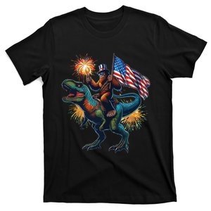 Bigfoot Sasquatch Riding Dinosaur T Rex Funny 4th Of July T-Shirt