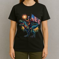 Bigfoot Sasquatch Riding Dinosaur T Rex Funny 4th Of July T-Shirt