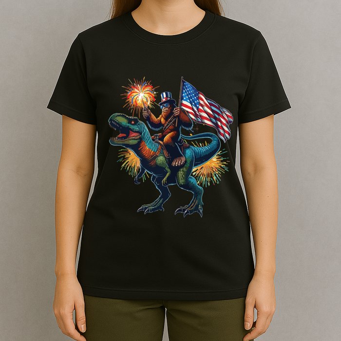 Bigfoot Sasquatch Riding Dinosaur T Rex Funny 4th Of July T-Shirt