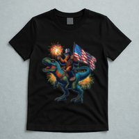 Bigfoot Sasquatch Riding Dinosaur T Rex Funny 4th Of July T-Shirt