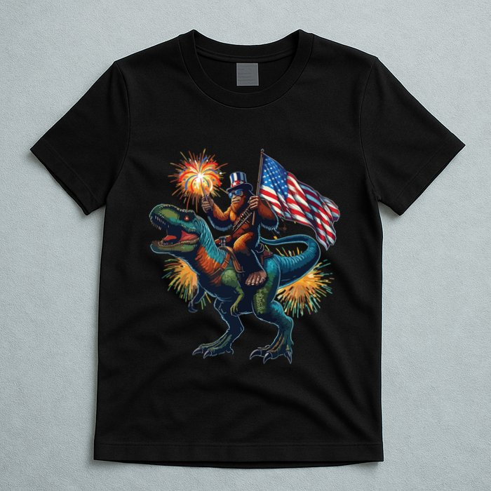 Bigfoot Sasquatch Riding Dinosaur T Rex Funny 4th Of July T-Shirt