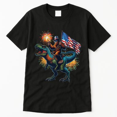 Bigfoot Sasquatch Riding Dinosaur T Rex Funny 4th Of July Tall T-Shirt