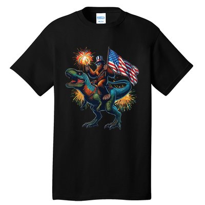 Bigfoot Sasquatch Riding Dinosaur T Rex Funny 4th Of July Tall T-Shirt