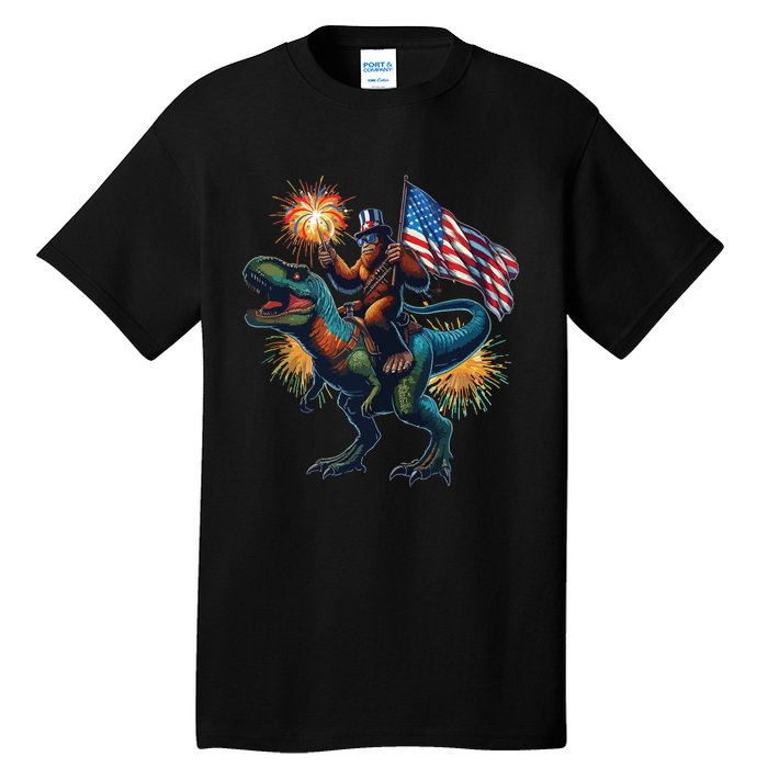 Bigfoot Sasquatch Riding Dinosaur T Rex Funny 4th Of July Tall T-Shirt