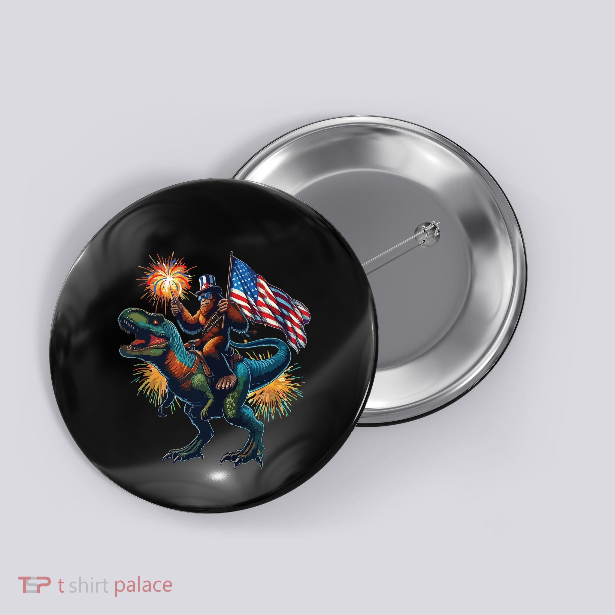 Bigfoot Sasquatch Riding Dinosaur T Rex Funny 4th Of July Button
