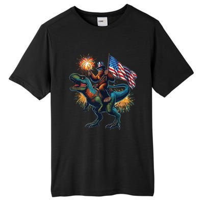 Bigfoot Sasquatch Riding Dinosaur T Rex Funny 4th Of July Tall Fusion ChromaSoft Performance T-Shirt