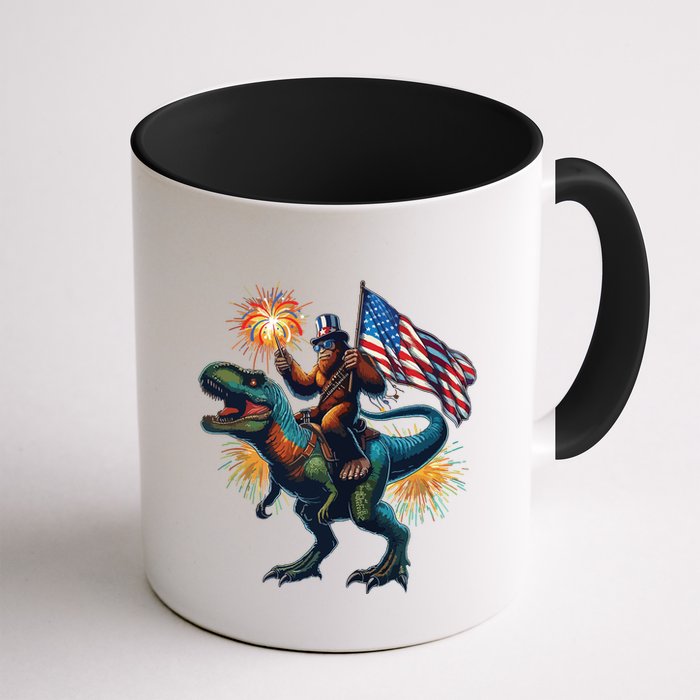 Bigfoot Sasquatch Riding Dinosaur T Rex Funny 4th Of July Mug