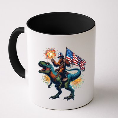 Bigfoot Sasquatch Riding Dinosaur T Rex Funny 4th Of July Mug
