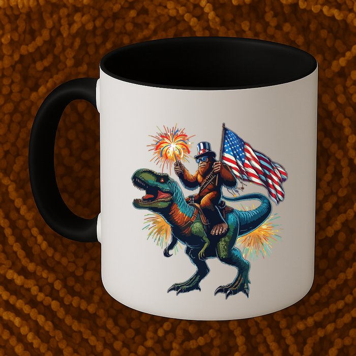 Bigfoot Sasquatch Riding Dinosaur T Rex Funny 4th Of July Mug