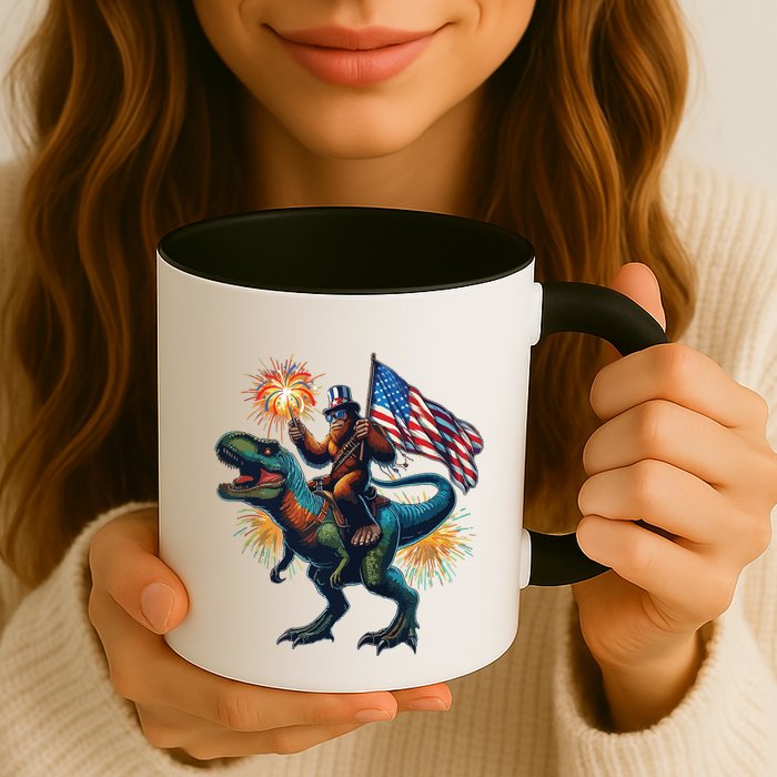 Bigfoot Sasquatch Riding Dinosaur T Rex Funny 4th Of July Mug