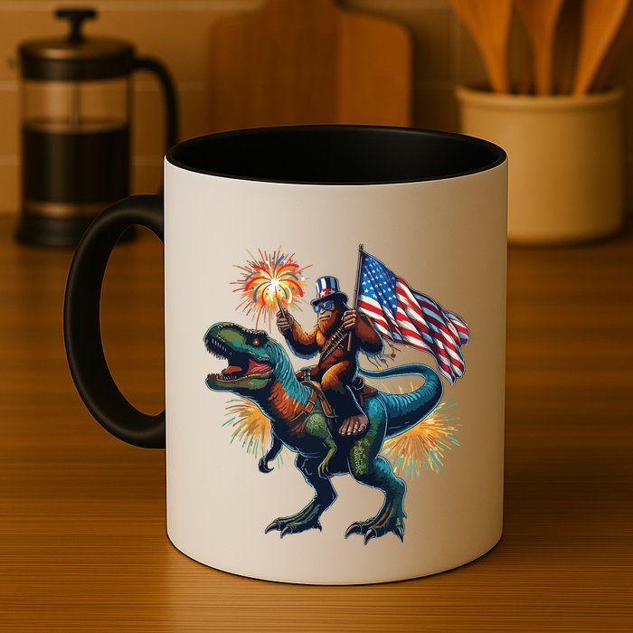 Bigfoot Sasquatch Riding Dinosaur T Rex Funny 4th Of July Mug