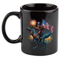 Bigfoot Sasquatch Riding Dinosaur T Rex Funny 4th Of July 11oz C Handle Ceramic Mug
