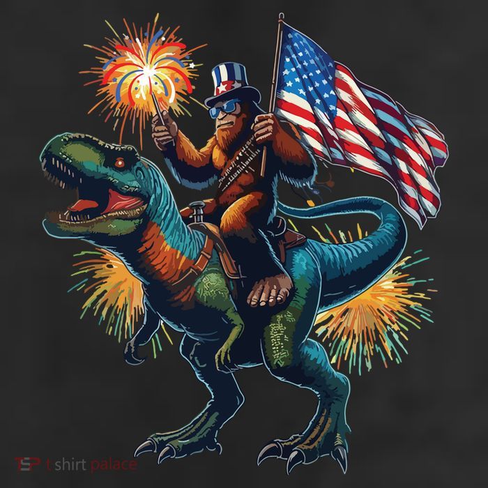 Bigfoot Sasquatch Riding Dinosaur T Rex Funny 4th Of July 11oz C Handle Ceramic Mug