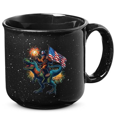 Bigfoot Sasquatch Riding Dinosaur T Rex Funny 4th Of July 15oz Campfire Ceramic Mug