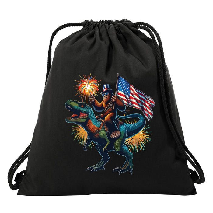 Bigfoot Sasquatch Riding Dinosaur T Rex Funny 4th Of July Drawstring Bag
