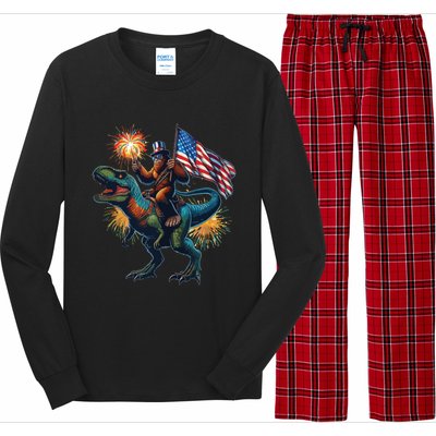 Bigfoot Sasquatch Riding Dinosaur T Rex Funny 4th Of July Long Sleeve Pajama Set