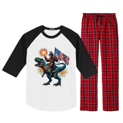 Bigfoot Sasquatch Riding Dinosaur T Rex Funny 4th Of July Raglan Sleeve Pajama Set