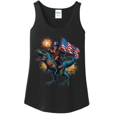 Bigfoot Sasquatch Riding Dinosaur T Rex Funny 4th Of July Ladies Essential Tank