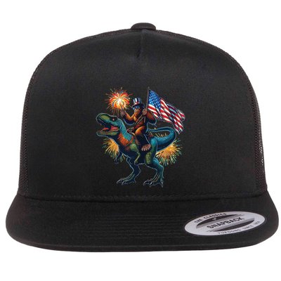 Bigfoot Sasquatch Riding Dinosaur T Rex Funny 4th Of July Flatbill Hat
