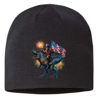 Bigfoot Sasquatch Riding Dinosaur T Rex Funny 4th Of July Sustainable Beanie