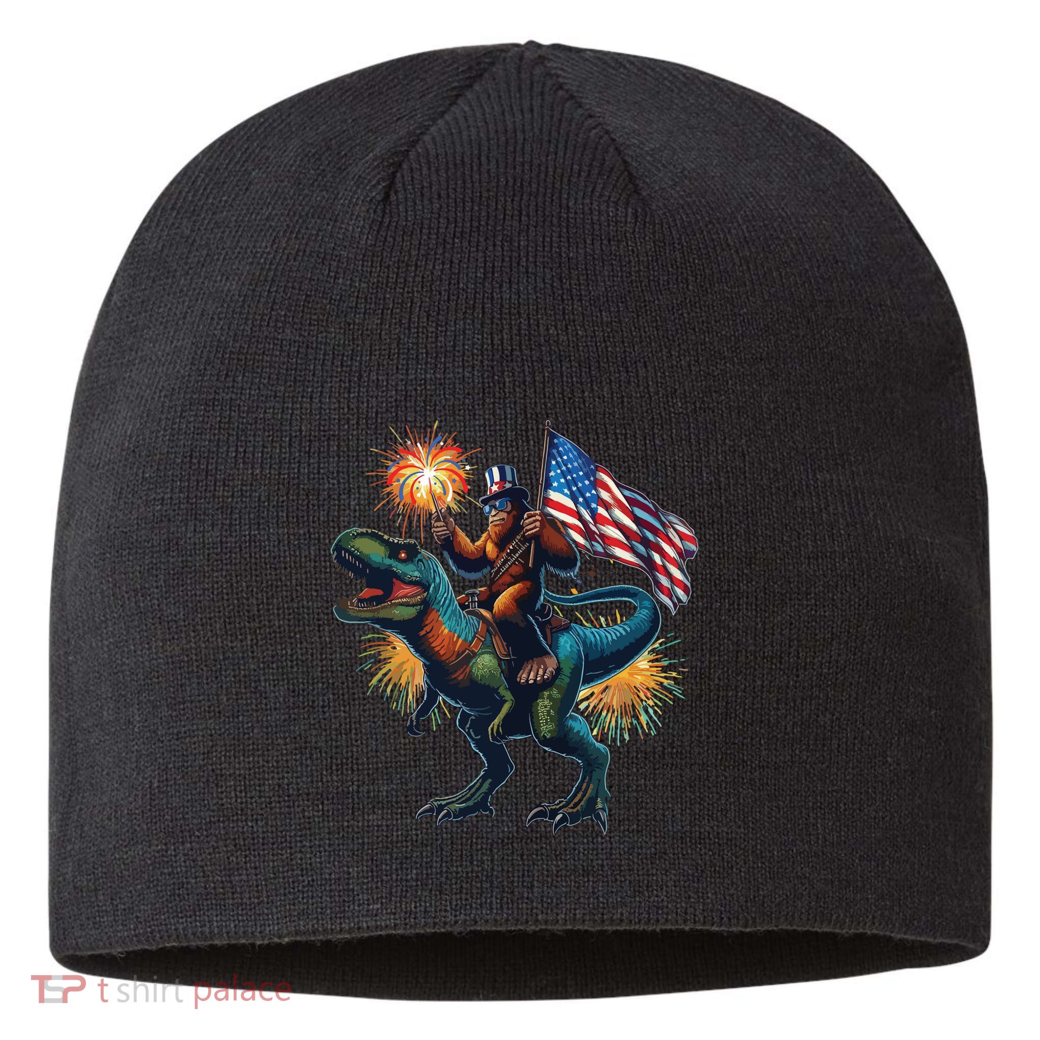 Bigfoot Sasquatch Riding Dinosaur T Rex Funny 4th Of July Sustainable Beanie