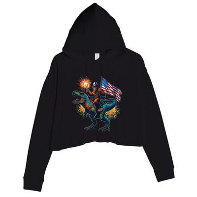Bigfoot Sasquatch Riding Dinosaur T Rex Funny 4th Of July Crop Fleece Hoodie