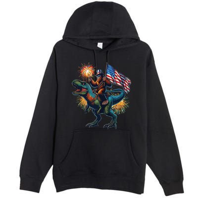 Bigfoot Sasquatch Riding Dinosaur T Rex Funny 4th Of July Premium Pullover Hoodie