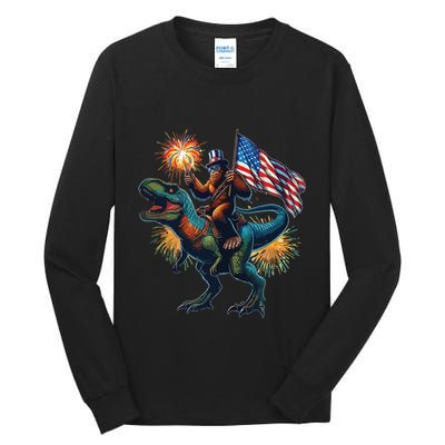 Bigfoot Sasquatch Riding Dinosaur T Rex Funny 4th Of July Tall Long Sleeve T-Shirt