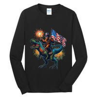 Bigfoot Sasquatch Riding Dinosaur T Rex Funny 4th Of July Tall Long Sleeve T-Shirt