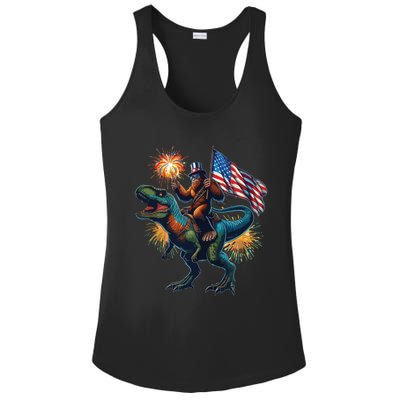 Bigfoot Sasquatch Riding Dinosaur T Rex Funny 4th Of July Ladies PosiCharge Competitor Racerback Tank