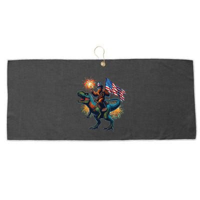 Bigfoot Sasquatch Riding Dinosaur T Rex Funny 4th Of July Large Microfiber Waffle Golf Towel