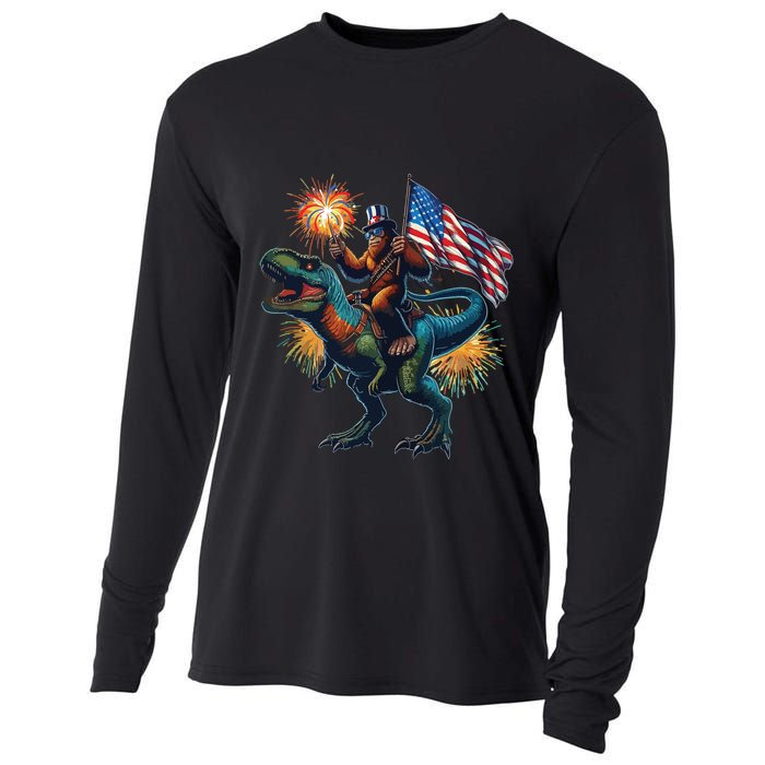 Bigfoot Sasquatch Riding Dinosaur T Rex Funny 4th Of July Cooling Performance Long Sleeve Crew
