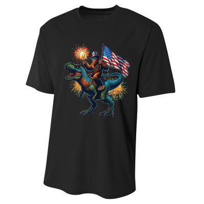 Bigfoot Sasquatch Riding Dinosaur T Rex Funny 4th Of July Performance Sprint T-Shirt