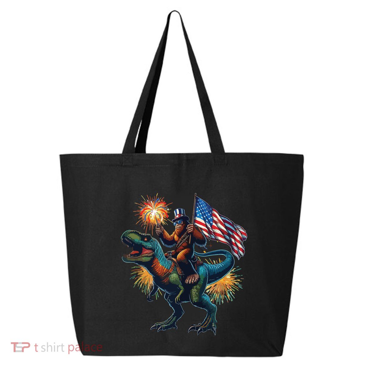 Bigfoot Sasquatch Riding Dinosaur T Rex Funny 4th Of July 25L Jumbo Tote