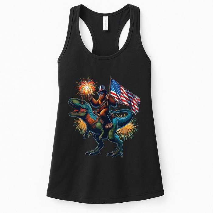 Bigfoot Sasquatch Riding Dinosaur T Rex Funny 4th Of July Womens Tank Top