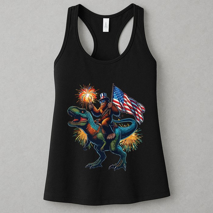 Bigfoot Sasquatch Riding Dinosaur T Rex Funny 4th Of July Womens Tank Top