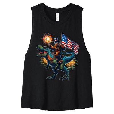 Bigfoot Sasquatch Riding Dinosaur T Rex Funny 4th Of July Women's Racerback Cropped Tank