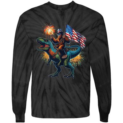 Bigfoot Sasquatch Riding Dinosaur T Rex Funny 4th Of July Tie-Dye Long Sleeve Shirt