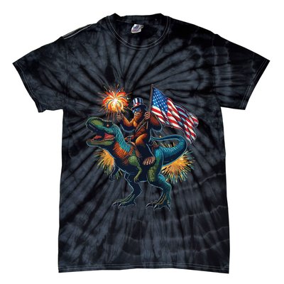 Bigfoot Sasquatch Riding Dinosaur T Rex Funny 4th Of July Tie-Dye T-Shirt