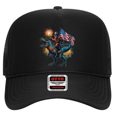 Bigfoot Sasquatch Riding Dinosaur T Rex Funny 4th Of July Trucker Hat