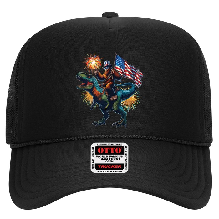Bigfoot Sasquatch Riding Dinosaur T Rex Funny 4th Of July Trucker Hat