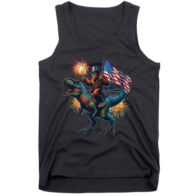 Bigfoot Sasquatch Riding Dinosaur T Rex Funny 4th Of July Tank Top