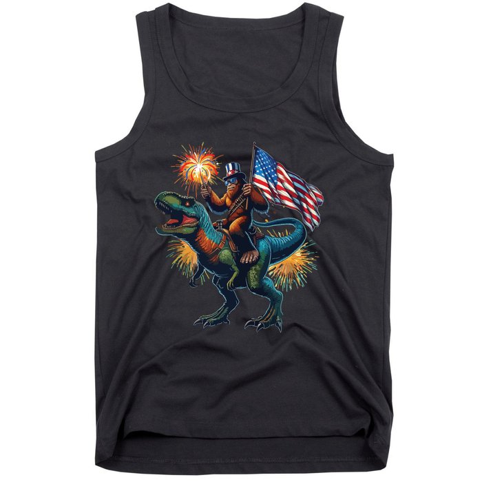 Bigfoot Sasquatch Riding Dinosaur T Rex Funny 4th Of July Tank Top