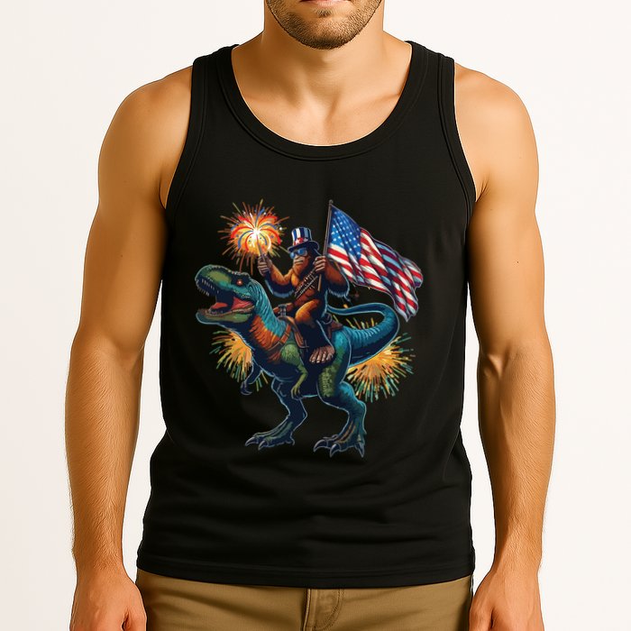 Bigfoot Sasquatch Riding Dinosaur T Rex Funny 4th Of July Tank Top