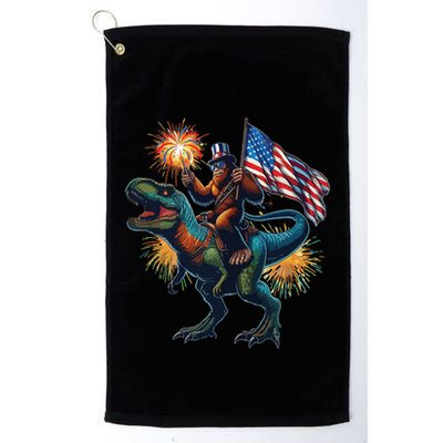 Bigfoot Sasquatch Riding Dinosaur T Rex Funny 4th Of July Golf Towel