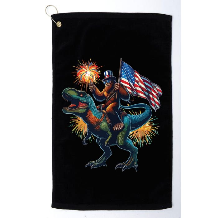 Bigfoot Sasquatch Riding Dinosaur T Rex Funny 4th Of July Golf Towel